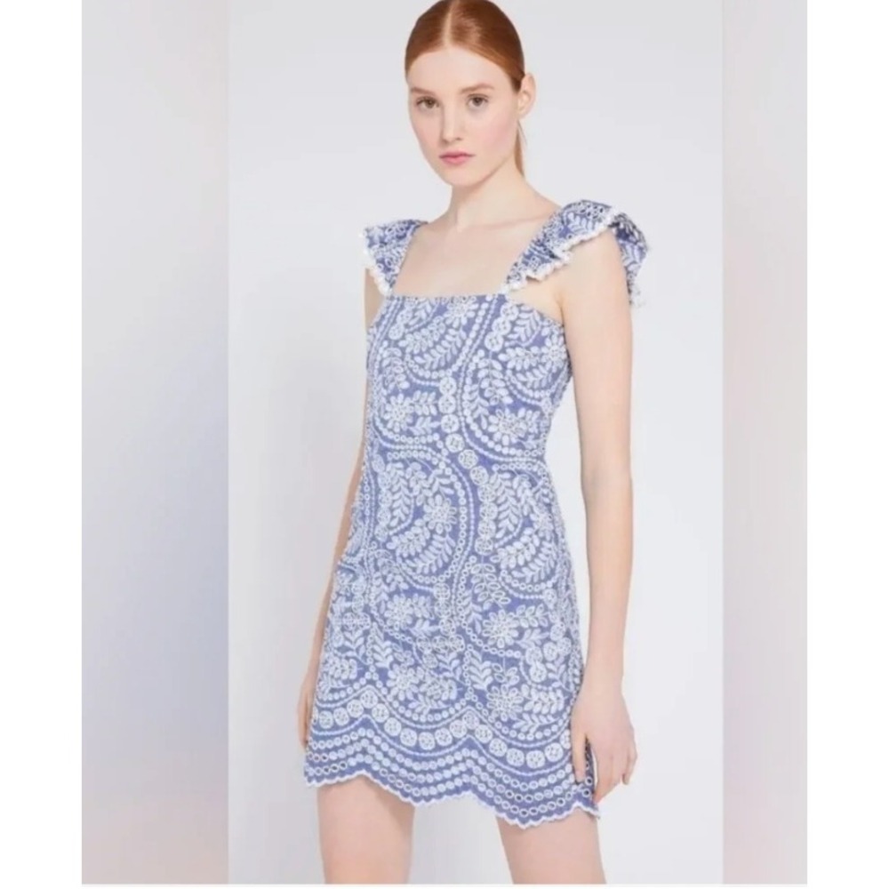 Alice + Olivia Honor Blue Eyelet Mini Dress Romantic Cottagecore Garden Party